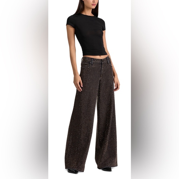 Alice + Olivia Amazing Low Rise Embellished Wide Leg Jeans in Den Lack - Picture 5 of 6
